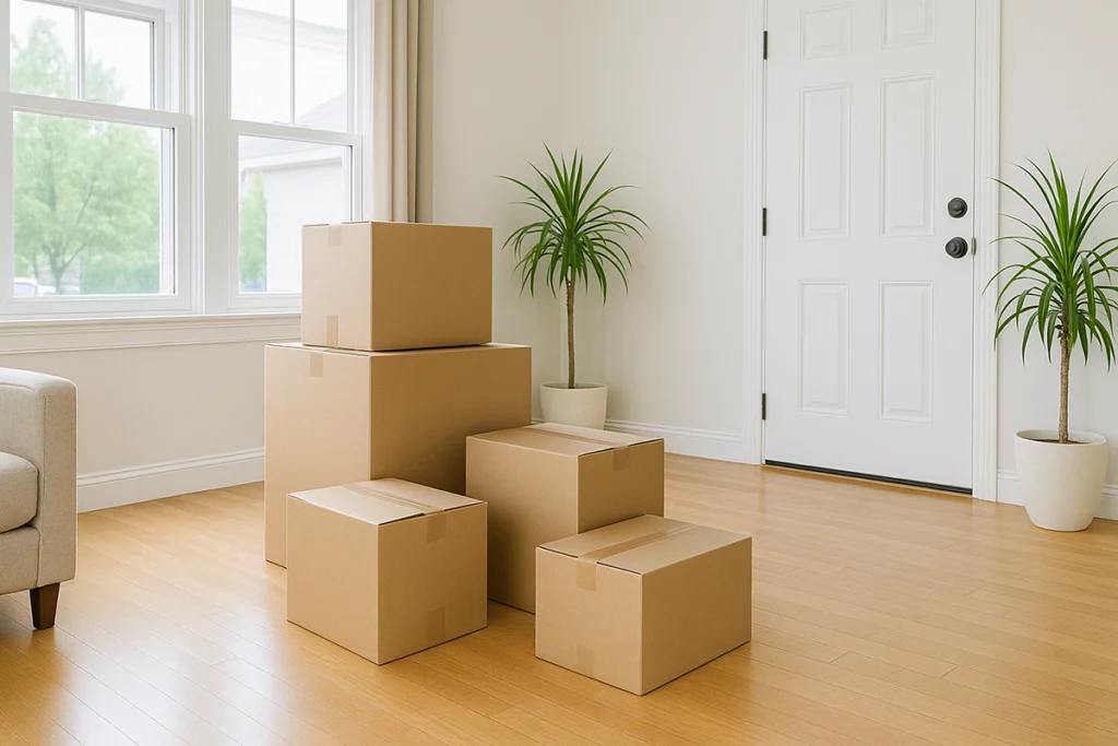 A pile of urgently packed boxes sitting neatly in the centre of a room.